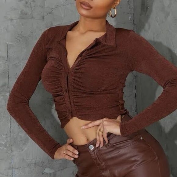 Tops - Beige Botany - Slinky Brown Ruched Button Up Crop Top Size M